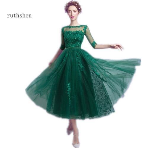 Ruthshen Emerald Green Prom Dresses 2020 Cheap Half Sleeves Lace Appliques Beaded Tea Length Formal Cocktail Party Dress