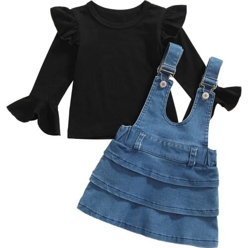 Infant Baby Long Sleeve Tops + Denim Suspender Skirt, Ruffle Decoration Sweet Style Classic Round Neck Spring Clothing 6M-4Y