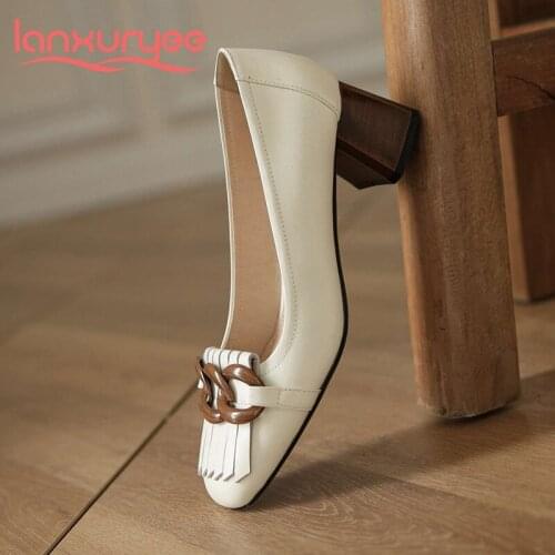 Lanxuryee big size cow leather round toe high heel fringe retro fashion gladiator beauty lady streetwear slip on women pumps L91