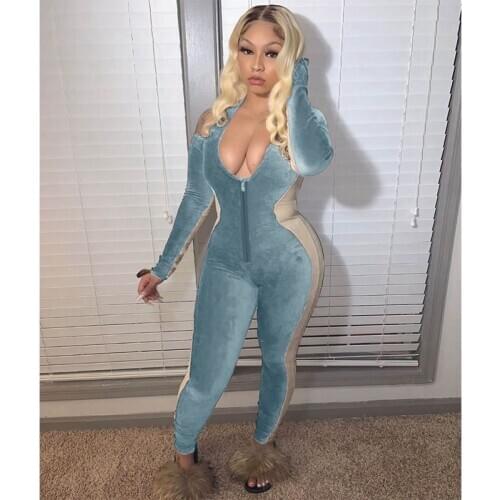 Streetwear Off Shoulder Velvet Jumpsuit Women Long Sleeve Bodycon Rompers Overalls