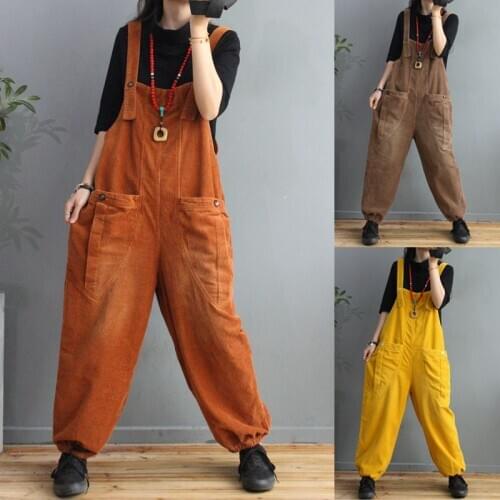 Corduroy Jumpsuit Fashion Autumn Cotton Big pocket Rompers Big size Corduroy bib pants Women Baggy Vintage Solid Color Overalls