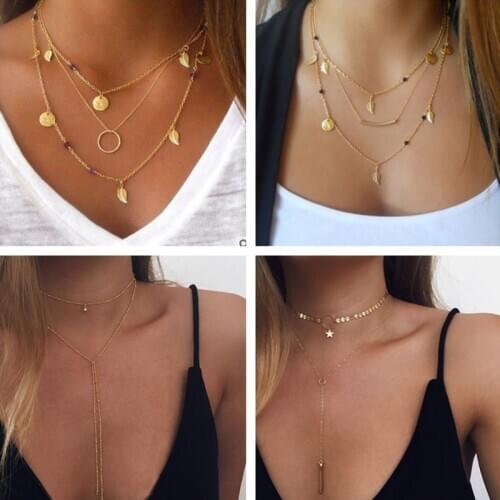 Vintage Multi Layer Boho Beads Leaves Infinity Cross Evil Eyes Chain Necklaces for Women Retro Stars Hearts Pendants Jewelry