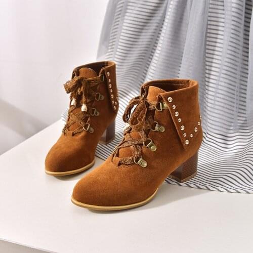 YMECHIC 2020 Autumn Flock Riband Lace Up Ankle Boots for Women Black Brown Block High Heels Studded Fashion Booties Ladies Shoes