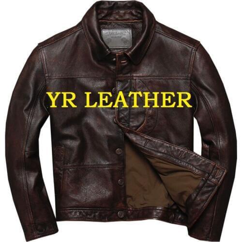 YR!Free shipping.Wholesales.Brand vintage casual style leather jacket man.brown genuine cow leather coat.slim biker jackets