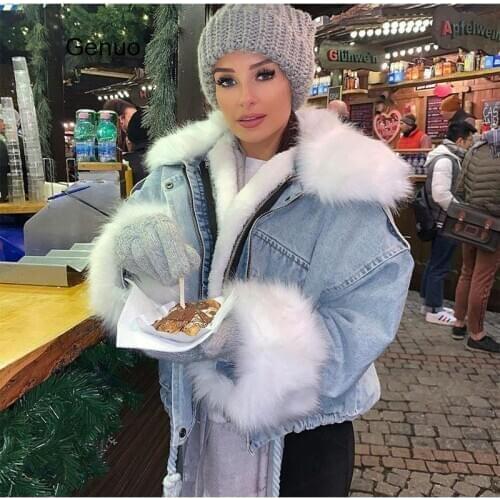 Women Denim Jacket Coat Faux Fur Collar Fleece Thick Warm Female Jackets Top 2020 Autumn Winter Drawstring Tunic Loose Lady Tops