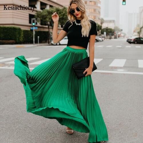 Kesiachiccly Womens Vintage Pleated Long Skirt Female Korean Casual High Waist Skirts Solid Color 2021 Summer New Fashion