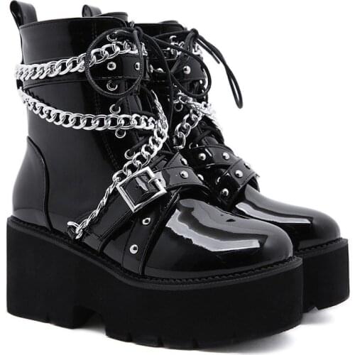 Women Boots Patent Leather Women Sexy Chain Boots Ankle Buckle Strap Ankle Boots Square Heel Thick Sole Platform Shoes