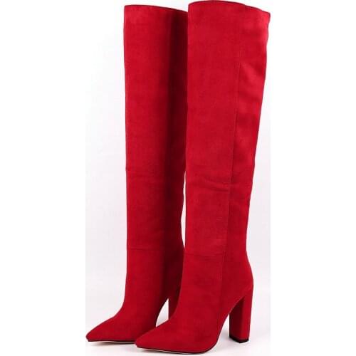 2021 Women Boots Flock Leather Knee High Boots Fashion Sqaure High Heel Long Boots Slip On Autumn Winter Boots Shoes Big Size 43