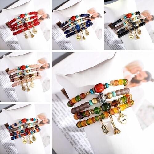 4Pcs/Lot Womens Vintage Bracelets&Bangles Boho Gold Heart Tower Pendant Natural Stone Beads Wrap Bracelets Pulseira Feminina