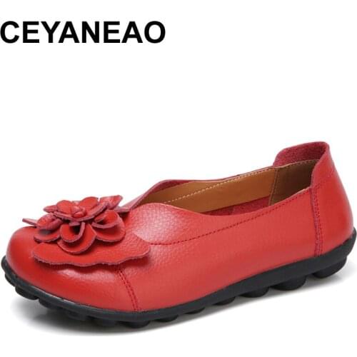CEYANEAO 2018 ew Women Fashion Casual Flats Handmade Folk Style Genuine Leather Soft Lady Bottom Shoes For Mother LoafersE1017