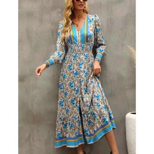 GypsyLady Boho Floral Printed Midi Dress Blue Red Autumn Vintage Holiday Dress Women Split Ruffles Ladies Beach Dresses 2021