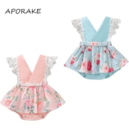 2021 0-24M Newborn Baby Girl Playsuit Cute Floral Print Sleeveless V Neck Lace Tunic Tutu Romper Dress Summer Outfit