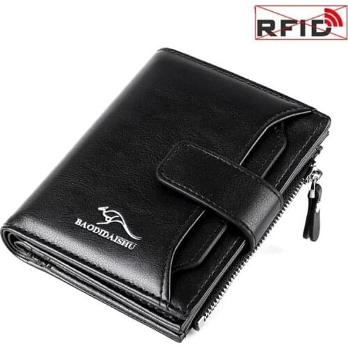 Mens Wallets Genuine Leather Wallet RFID Anti Theft Short Zipper Card Holder Men Pocket Purse Wallet Bag Man Fashion