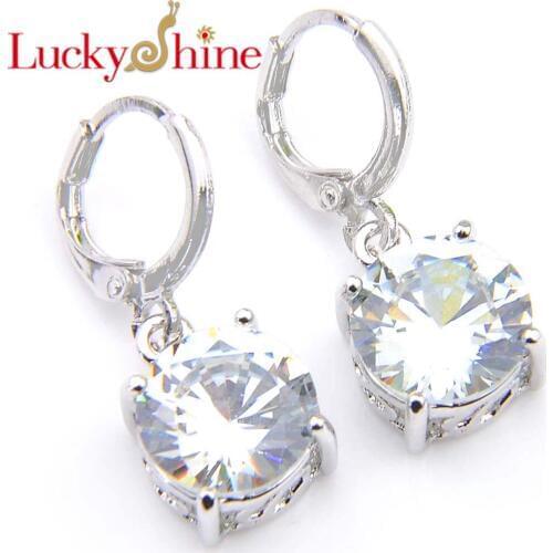 Luckyshine Round Fire White Crystal Cubic Zirconia Silver For Women Wedding Dangle French buckle Earrings