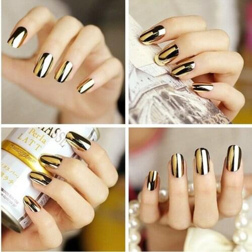Metallic Fake Nails Decal 24pcs False Shiny Punk Style Metal Plating Acrylic Short Reflective Mirror Press on Full Nail Art Tips