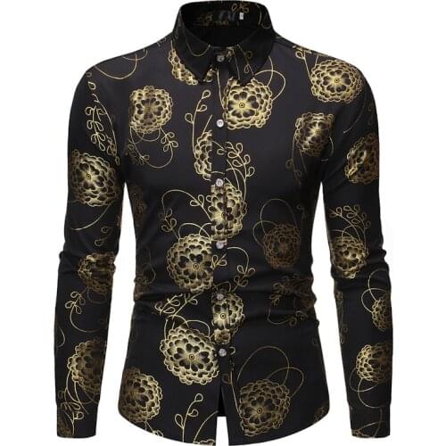 Mens Gold Floral Print Dress Shirts 2020 Brand Slim Fit Long Sleeve Shirt Men Nightclub Prom Shirt Business Casual Chemise Homme