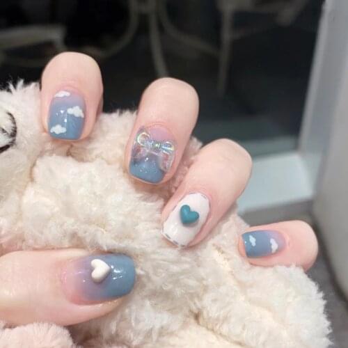 Fake Nail Patch Detachable Wearable Nail Art Nail Patch False Nail Finished Blue White Cloud Love Summer Short Female
