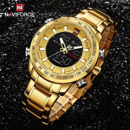 NAVIFORCE Men Clock Gold Watch Mens Digital LED Sport Wristwatch Mens Quartz Dual Display Waterproof Watches Relogio Masculino