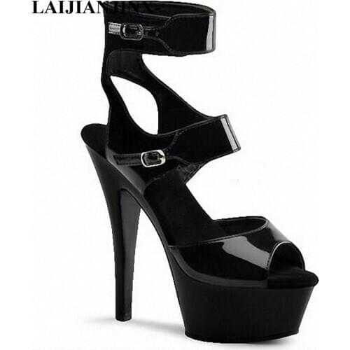 New style, black shoes with buckle stilettos, 15cm sexy model runway shoes, pole dancing shoes