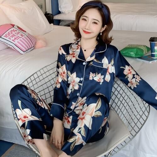 Autumn New Flower Print 2PC Pajamas Set Women Turn-down Collar Shirt&Pant Home Wear Big Size M-5XL Sleepwear Faux Silk Nightwear