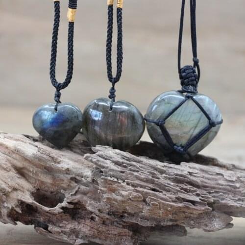 Natural Labradorite Heart Pendant Wrap Braid Necklaces,Chakra Healing Reiki Stone Yoga Macrame Necklace Energy Jewelry,QC3801