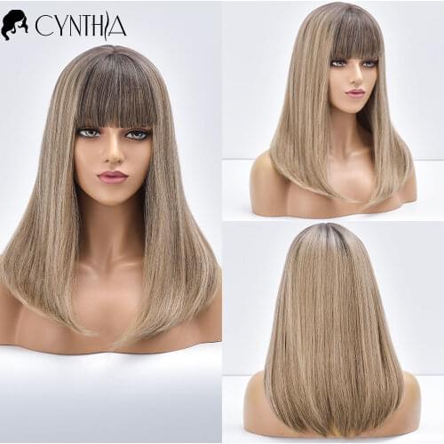Long Ombre Black to Gold Straight Daily Synthetic Wig With Bangs For Black White Women Heat Resistant Cosplay Wavy Party Wigs