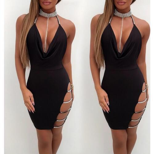 Charmed 2019 Halter Sleeveless V neck Sexy Strap hollow Bodycon Dress Summer Flamingo Party Dress Vetement Femme wy