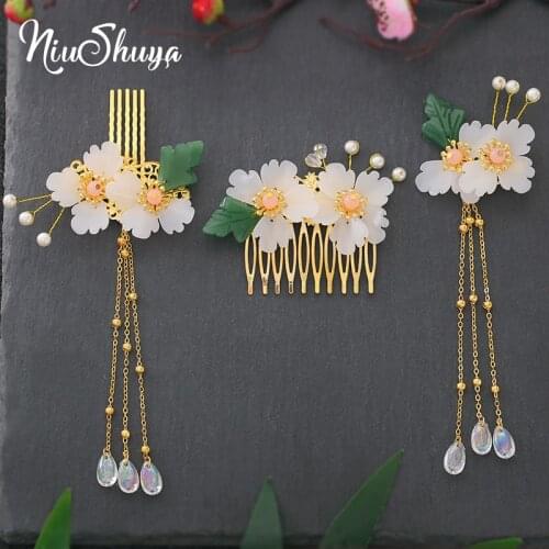 NiuShuya Ancient Chinese Style Bridal Wedding Hanfu Dress Tassels Hairpins Hair Forks Sticks Hair Comb Decor Hair Accessories