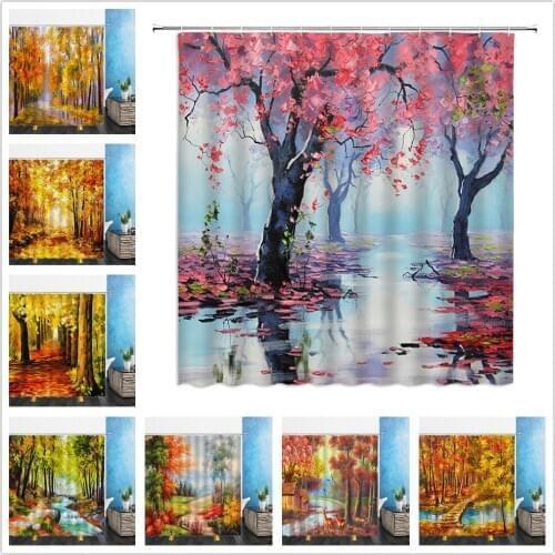 Natural Landscape Shower Curtains Autumn Yellow Fallen Leaves 3D Waterproof Bathroom Home Decor Bathtub Polyester Curtain Set