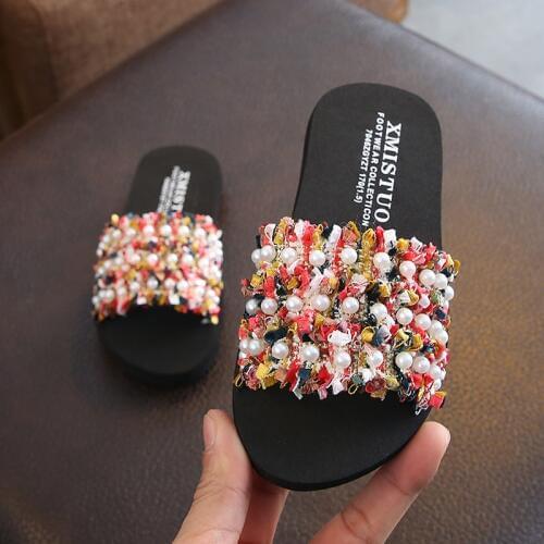 XMISTUO parent-child size girl cute colorful pearl decoration beach vacation soft slippers student outdoor leisure slippers