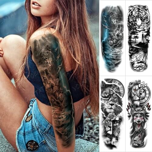 Large Arm Sleeve Tattoo Lion Air Lightning Waterproof Temporary Tatto Sticker City Ocean Text Body Art Full Fake Tatoo Women Men