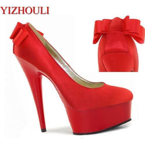 Bow-tie stage performance single shoe bride wedding shoes, 15cm ultra high heel waterproof platform Dance Shoes