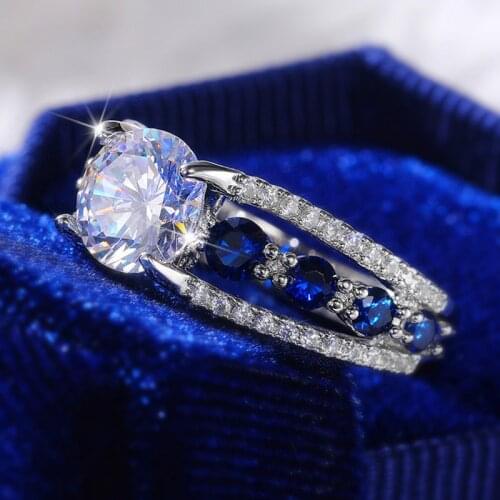 Vintage Female Blue White Zircon Stone Ring Classic Silver Color Engagement Ring Charm Crystal Triangle Wedding Rings For Women