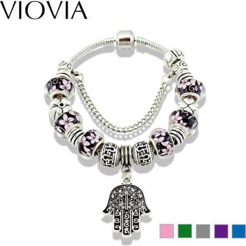 VIOVIA Fashion Jewelry Hamsa Hand Pendant Charm Bracelets & Bangles Antique Alloy Clover Beads DIY Bracelet B15027
