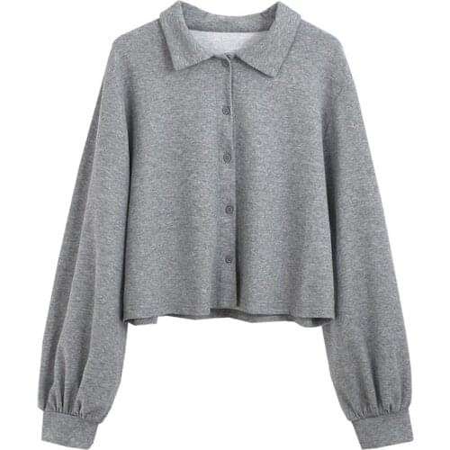 PERHAPS U Gray Women Shirts Turn Down Collar Long Sleeve Solid Autumn Chic Elegant Sweet Thick B0710