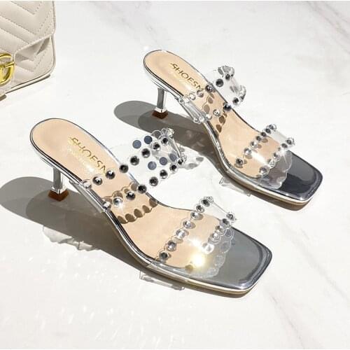 2021 New PVC Transparent High heels Woman Shoes Square Peep toe Slippers Pumps Women Mules Lady Slipper Shoe Slides