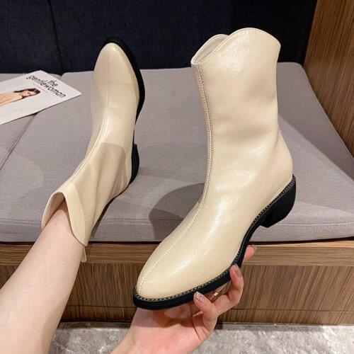 2021 Winter Fashion Zipper Womens Boots Pleated Patent Leather Medium Hight Square Heel Pointed Toe Fashion Ankle Womens Shoes
