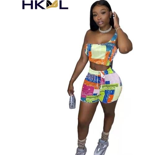 Women Set Bandanna Paisley One Shoulder Sleeveless Crop Tops Stretchy Shorts Two 2 Piece Sets Tracksuit Outfit Summer