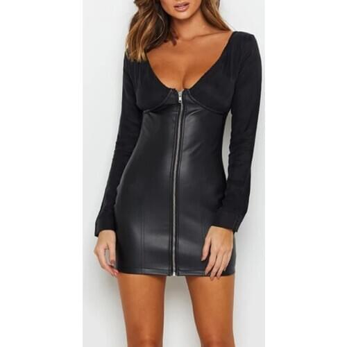 Womens Sexy PU V-Neck Zipper Short Dress Long Sleeve Back High Waist Female Mini Dresses 2020 New Autumn Ladies Vestidos