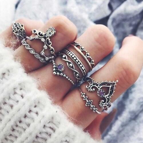 10 Pcs/set New Hot Bohemian Crystal Hand Hollow Carved Women Ring Sets Boho Vintage Punk Summer Beach Charm Midi Ring 2018