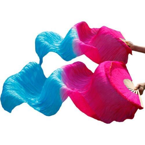 100% Silk Handmade Dyed Belly Dance Fans 1 Pair Left+Right Hand Gradient Colors Belly Dance Silk Long Fans Rose+Turquoise 180x90
