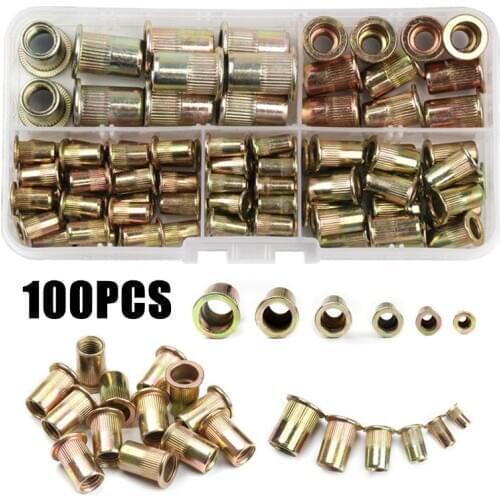 100PCS Carbon Steel Rivet Nuts M3 M4 M5 M6 M8 Flat Head Rivet Nuts Set Insert Rivets Assortment Set