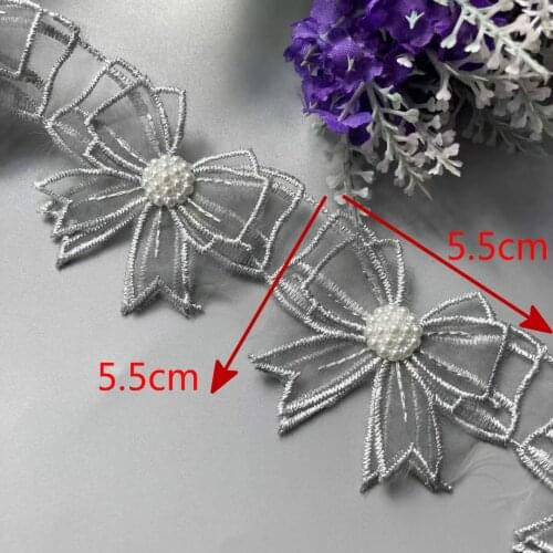 10X Gray Lace Trim Ribbon Mesh Bowknot Rhinestones Embroidered Patches Applique Fabric DIY Wedding Dress Sewing Supplies 5.5CM