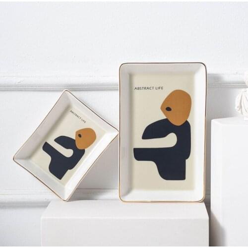 Abstract Geometric Rectangular Dishes Childrens Breakfast Tray Home Decoration Soap Box Golden Rims Flat Tray Snack Plates 1pc