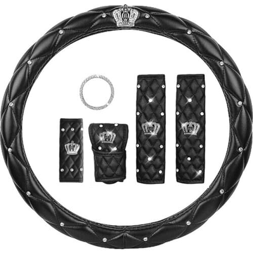 Super Soft Universal PU Leather Car Steering Wheel Cover Bling Rhinestone Crystal Car Interior Decro with Crown Accessories kit