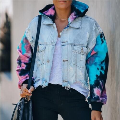 Jean Jacket for Women Loose Casual Blue Women Hoodies Coats Tie Dye Sleeve Patchwork Hoodied Denim Coats Female outwear