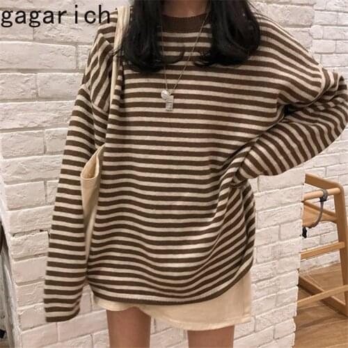 Gagarich Woman Pullovers 2021 Autumn New Korean Ins Casual Long Sleeves Striped Loose Lazy Wind O-neck Color Contrast Female Top