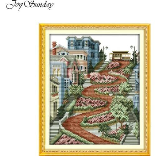 Joy Sunday Cross Stitch Kits City Streets Scenic Painting Pattern DMC 11 14CT Printed Water Soluble Canvas Embroidery Needlework