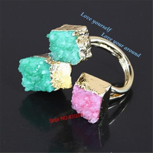 Hot Sale Natural Druzy Stone Rings Square Shape Colorful Drusy Quartz Rings Druzy Statement Finger Rings