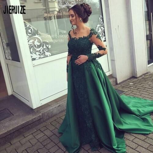 JIERUIZE Gorgeous Green Lace Wedding Dresses Sheer O Neck Long Sleeves Lace Up Back Appliques Satin Bridal Gowns robe de mariee